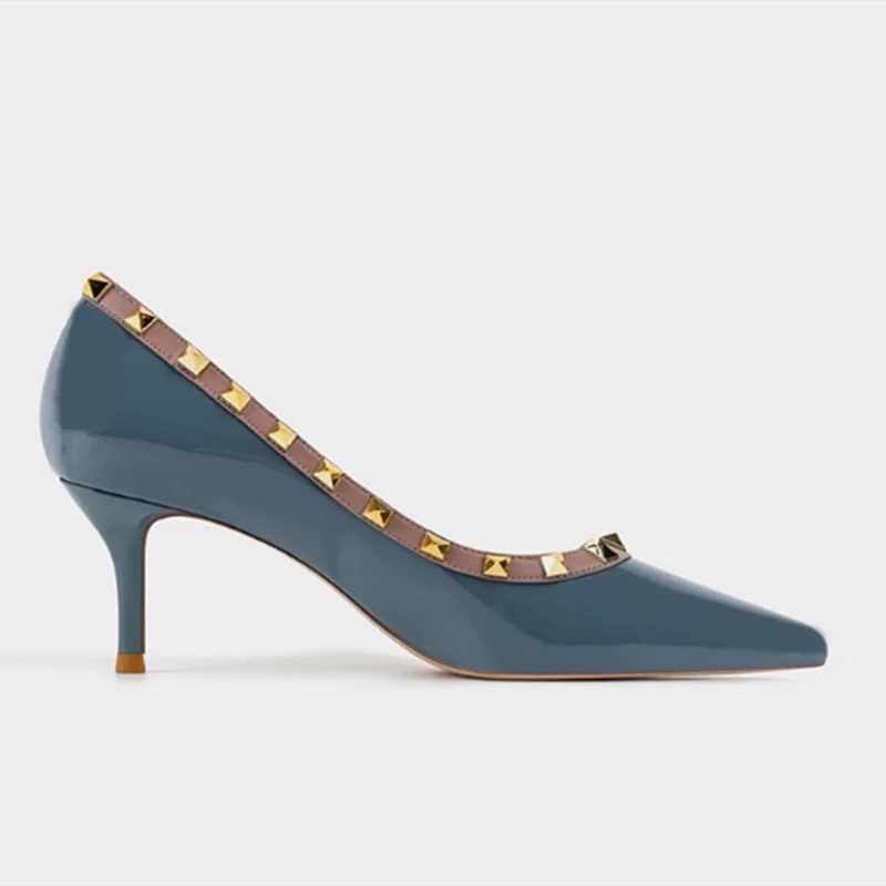 Lady Lock Studs Sexy Real Leather Pointed Toe Shiny Pumps  Trendy Fashion Shoes Waterproof Barefoot Walking Shoes