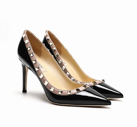 Waterproof Shoes For Shower Lady Lock Studs Sexy Real Leather Pointed Toe Shiny Pumps  Trendy Fashion Shoes