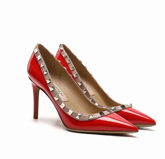 Waterproof Shoes For Canoeing Lady Lock Studs Sexy Real Leather Pointed Toe Shiny Pumps  Trendy Fashion Shoes