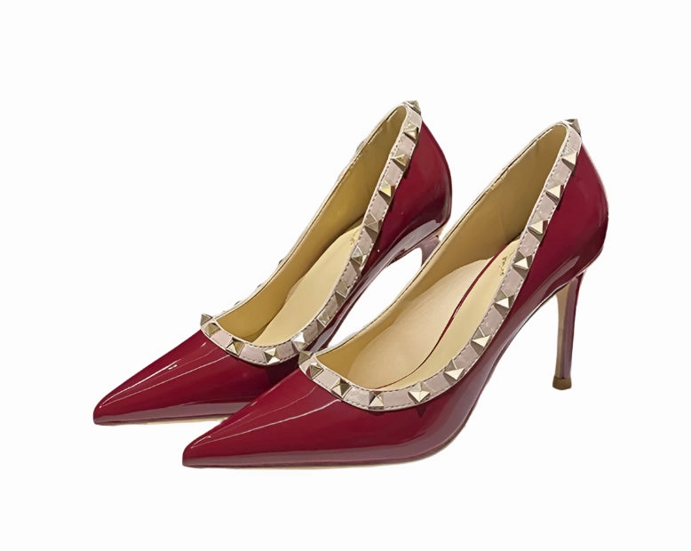 Waterproof Summer Shoes Lady Lock Studs Sexy Real Leather Pointed Toe Shiny Pumps  Trendy Fashion Shoes