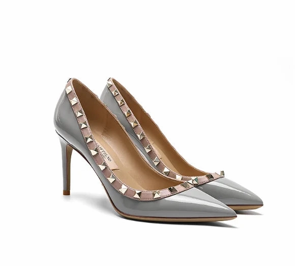 Lady Lock Studs Sexy Real Leather Pointed Toe Shiny Pumps  Trendy Fashion Shoes For Rainy Season