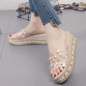 Amozae-Elegant Women's Sandals Candy Slippers transparent Platform sandal Slip-On Pearl Beach Wedges Jelly Shoes Clear Sandals Women Casual Heel Shoes