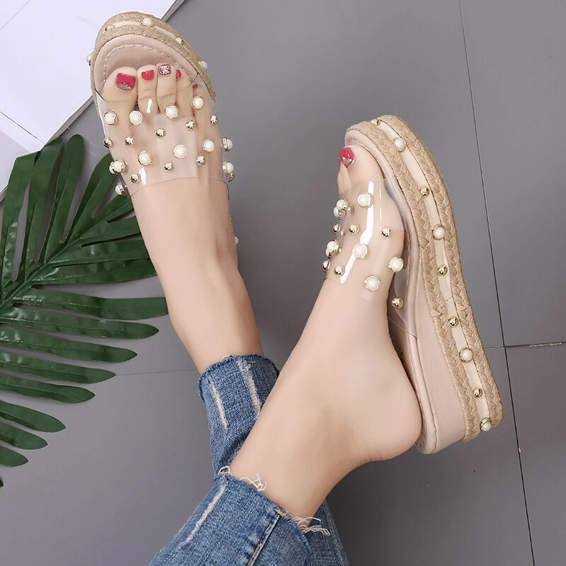Casual Slip On Summer Shoes Amozae-Elegant Women's Sandals Candy Slippers transparent Platform sandal Slip-On Pearl Beach Wedges Jelly Shoes Clear Sandals Women