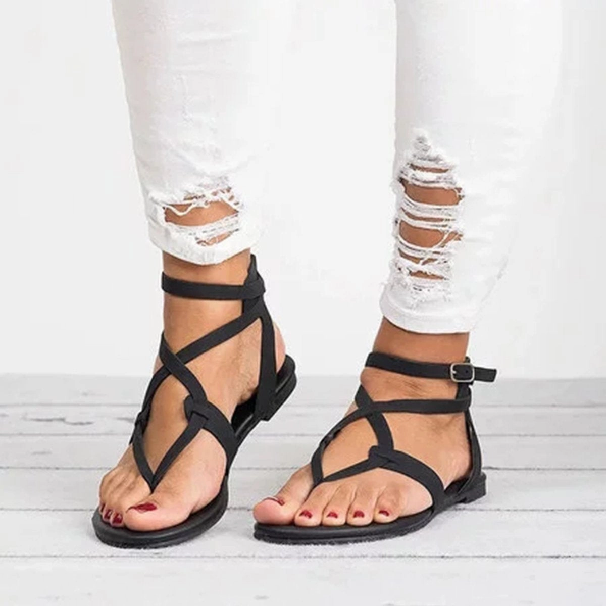 Studded Flat Mary Jane Shoes Large Size Adjustable Buckle Flat PU Sandals Women Shoes