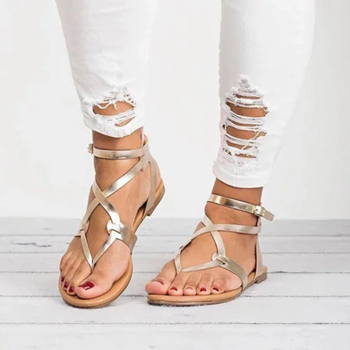 Large Size Adjustable Buckle Flat PU Sandals Women Shoes Non Slip Shoes For Flat Feet