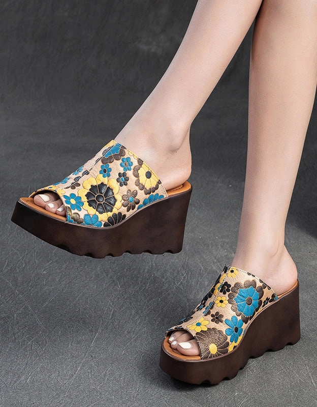 Fish Toe Ethnic Style Flower Printed Wedge Slippers Bottom Sandals