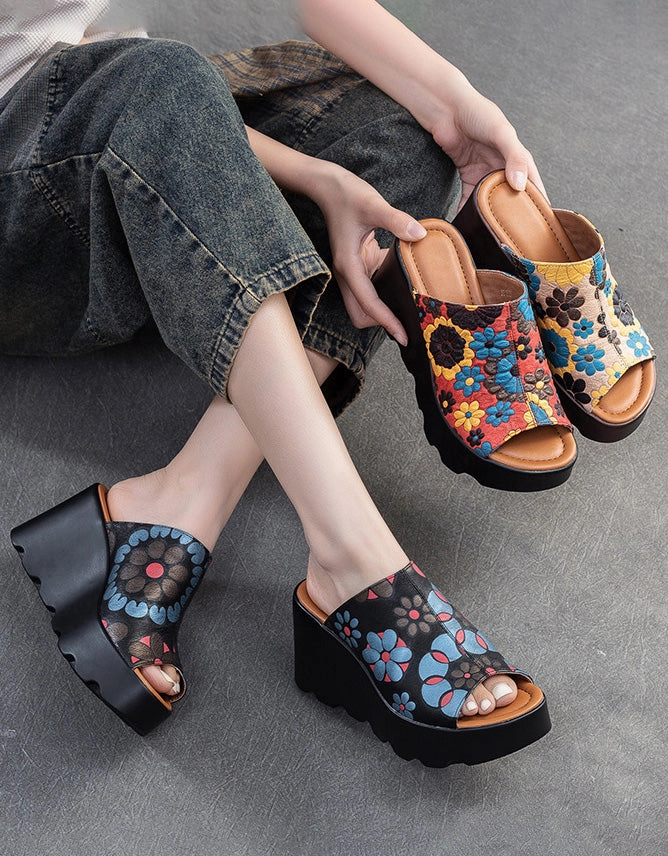 Sandals Resort Barbados Fish Toe Ethnic Style Flower Printed Wedge Slippers