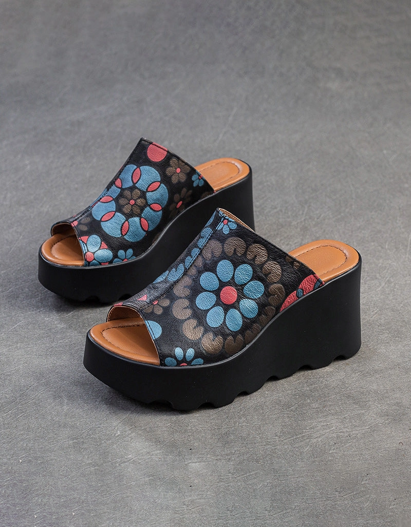 Fish Toe Ethnic Style Flower Printed Wedge Slippers Gold Leather Sandals