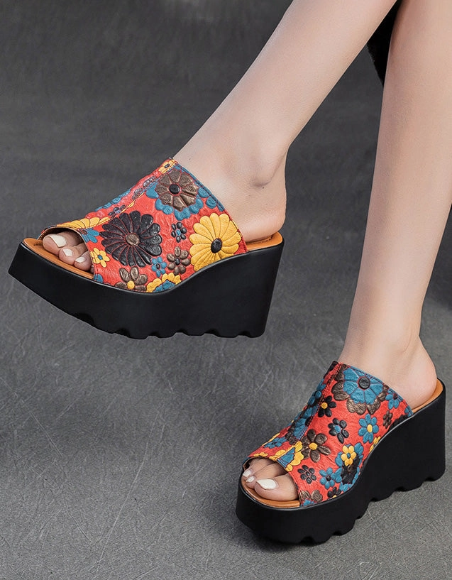 Fish Toe Ethnic Style Flower Printed Wedge Slippers Comfortable Sandals Stylish