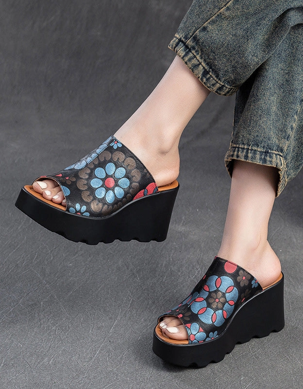Fish Toe Ethnic Style Flower Printed Wedge Slippers Sandals Royal Barbados Photos