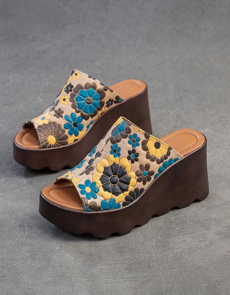 Franny Sandals Fish Toe Ethnic Style Flower Printed Wedge Slippers