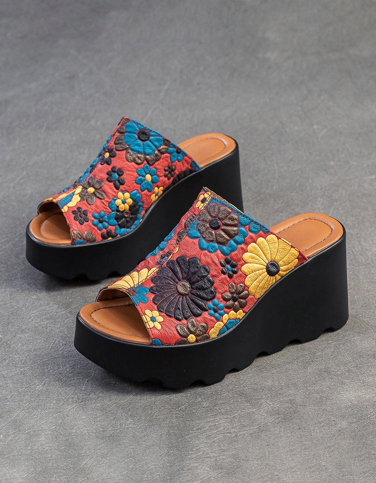 Fish Toe Ethnic Style Flower Printed Wedge Slippers Sandals With Support For Walking