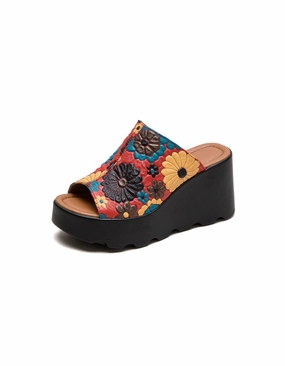 Cute Sandals With Arch Support Fish Toe Ethnic Style Flower Printed Wedge Slippers