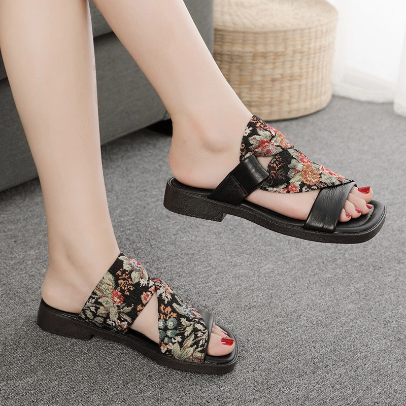 Linen Printed Fashion Open Toe Genuine Leather Slippers Great Northwest Clothing Slippers