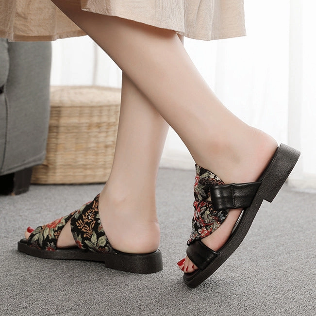 Linen Printed Fashion Open Toe Genuine Leather Slippers Bloomingdales Slippers