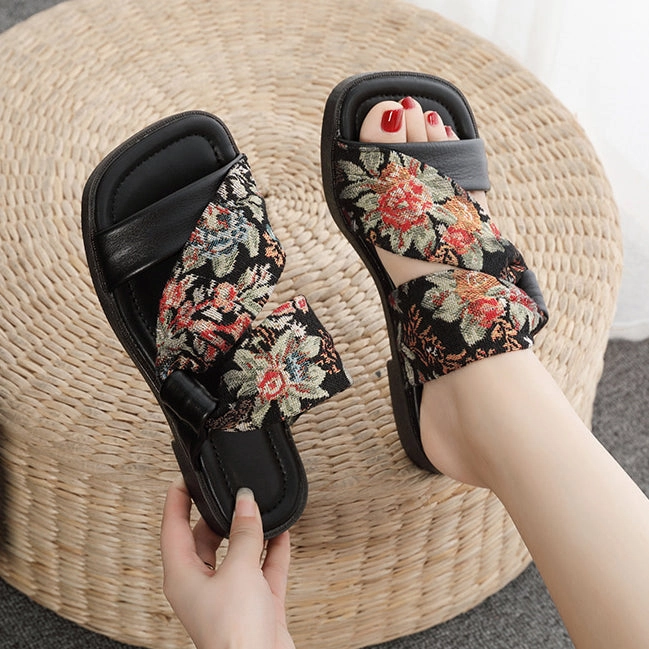 Linen Printed Fashion Open Toe Genuine Leather Slippers Inexpensive House Slippers