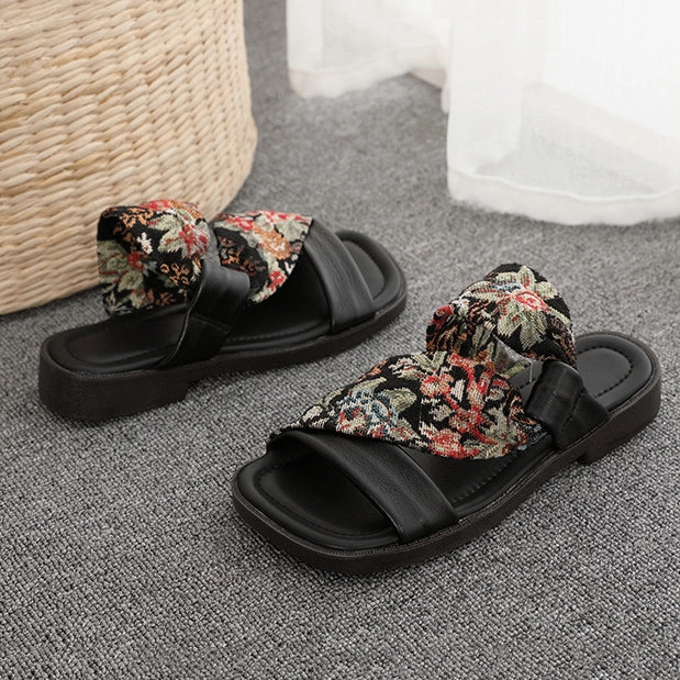 Linen Printed Fashion Open Toe Genuine Leather Slippers Glass Slippers Korean Drama Cast