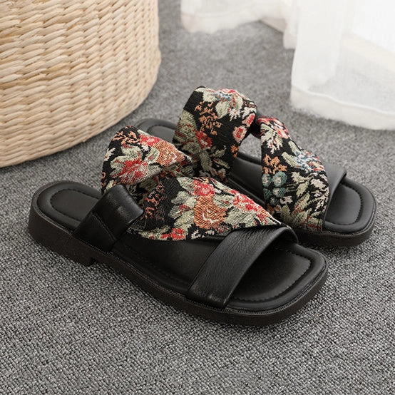 Moon Boot Slippers Linen Printed Fashion Open Toe Genuine Leather Slippers