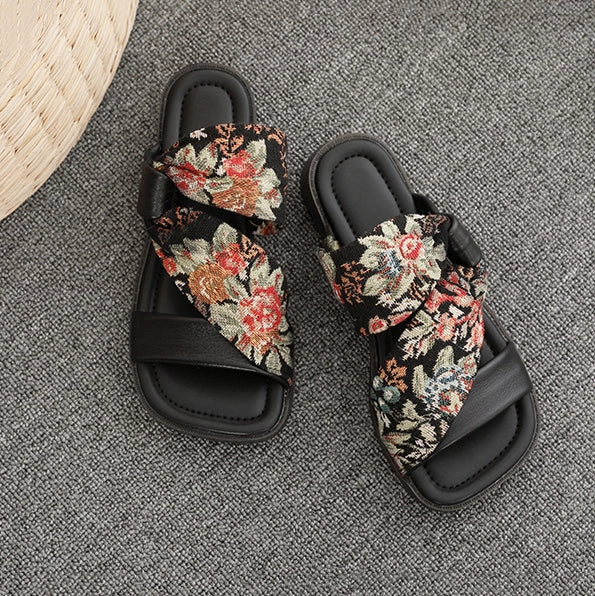 Linen Printed Fashion Open Toe Genuine Leather Slippers Candy Cane Slippers