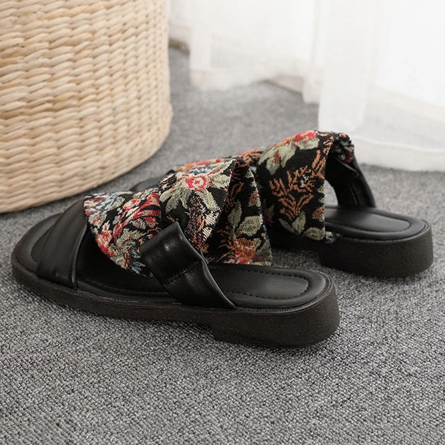 Slippers For Bathing Linen Printed Fashion Open Toe Genuine Leather Slippers