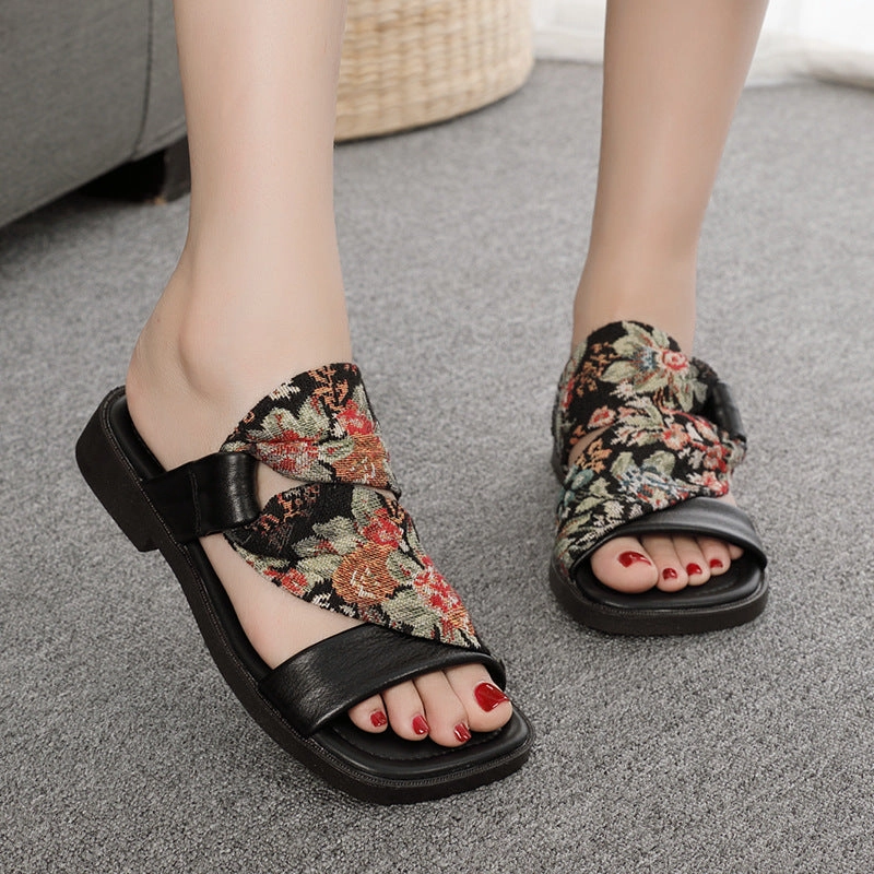 Linen Printed Fashion Open Toe Genuine Leather Slippers Freed Ballet Slippers
