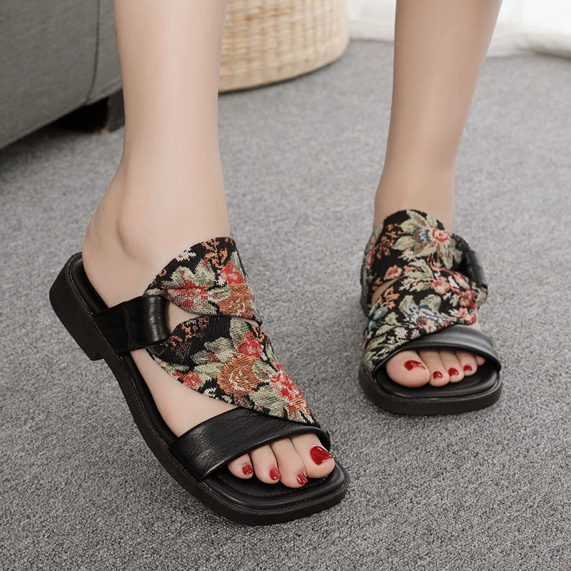 Nail Lacquer In Ballet Slippers Linen Printed Fashion Open Toe Genuine Leather Slippers