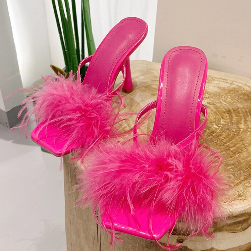 Liyke Summer Fashion Yellow Fluffy Furry Women Slippers Mules High Heels Slides Female Gladiator Sandals Party Banquet Shoes Peanuts Snoopy Slippers