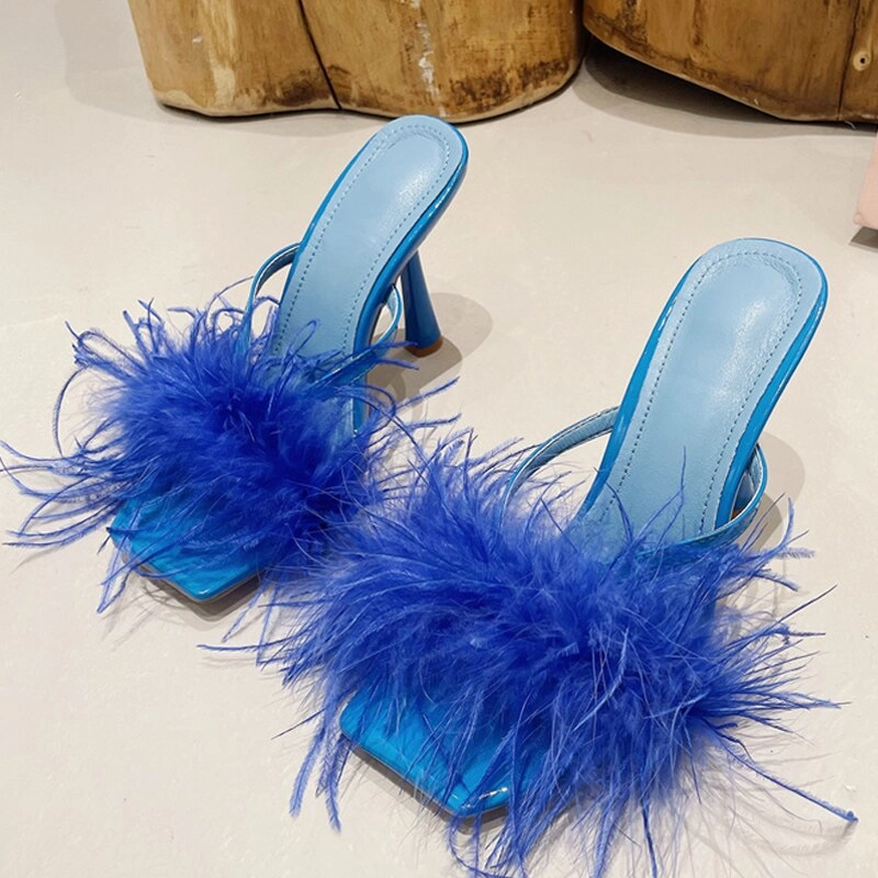Break Your Glass Slippers Liyke Summer Fashion Yellow Fluffy Furry Women Slippers Mules High Heels Slides Female Gladiator Sandals Party Banquet Shoes