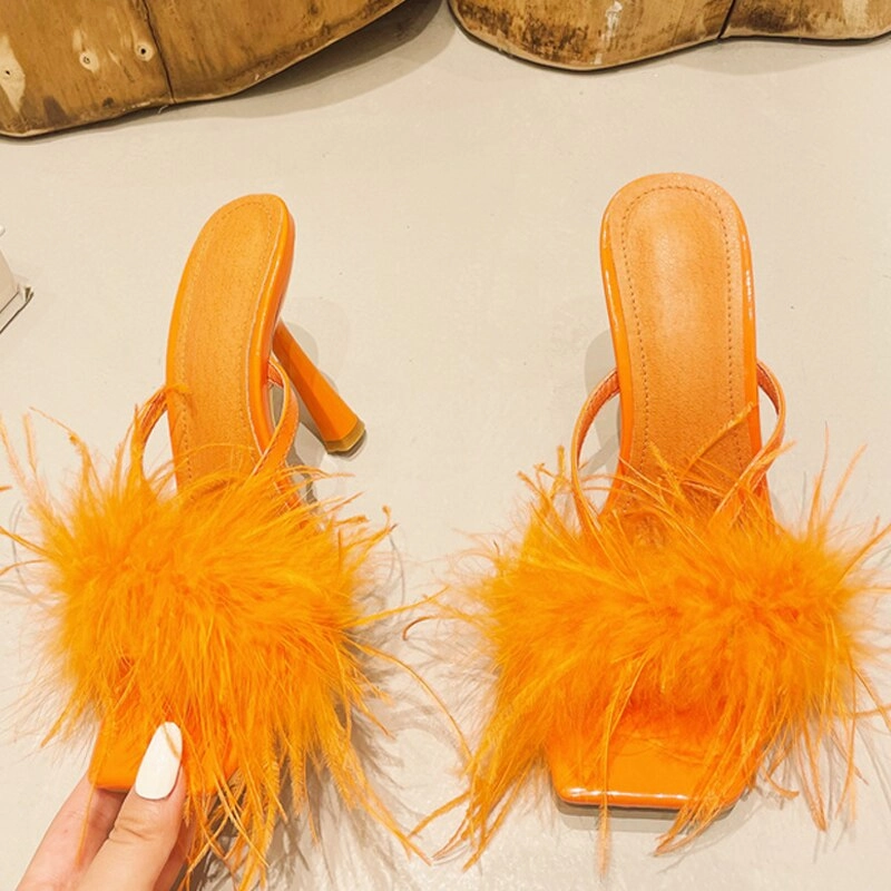 Liyke Summer Fashion Yellow Fluffy Furry Women Slippers Mules High Heels Slides Female Gladiator Sandals Party Banquet Shoes Diabetic Orthopedic Slippers