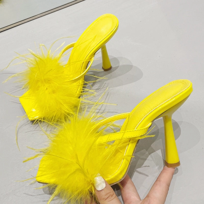 Liyke Summer Fashion Yellow Fluffy Furry Women Slippers Mules High Heels Slides Female Gladiator Sandals Party Banquet Shoes Sully Slippers