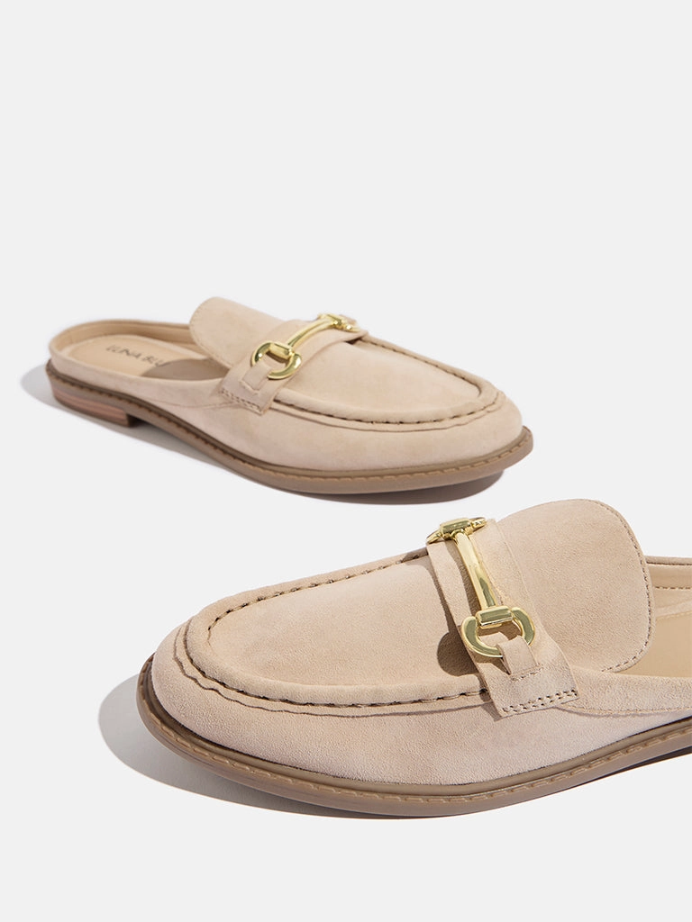 LUNA BLU Beige Chain-Detailed Faux-Suede Mule Shoes Best Running Shoes For Pronation Flat Feet