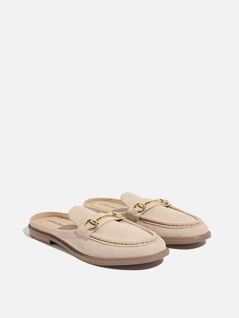 LUNA BLU Beige Chain-Detailed Faux-Suede Mule Shoes Most Comfortable Shoes For Nurses With Feet