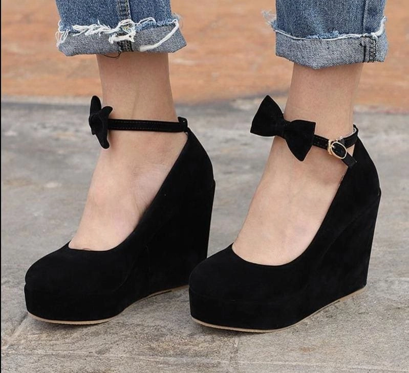 France High Heels Female Flock Platform Buckle Ankle Strap Bowtie Shoes