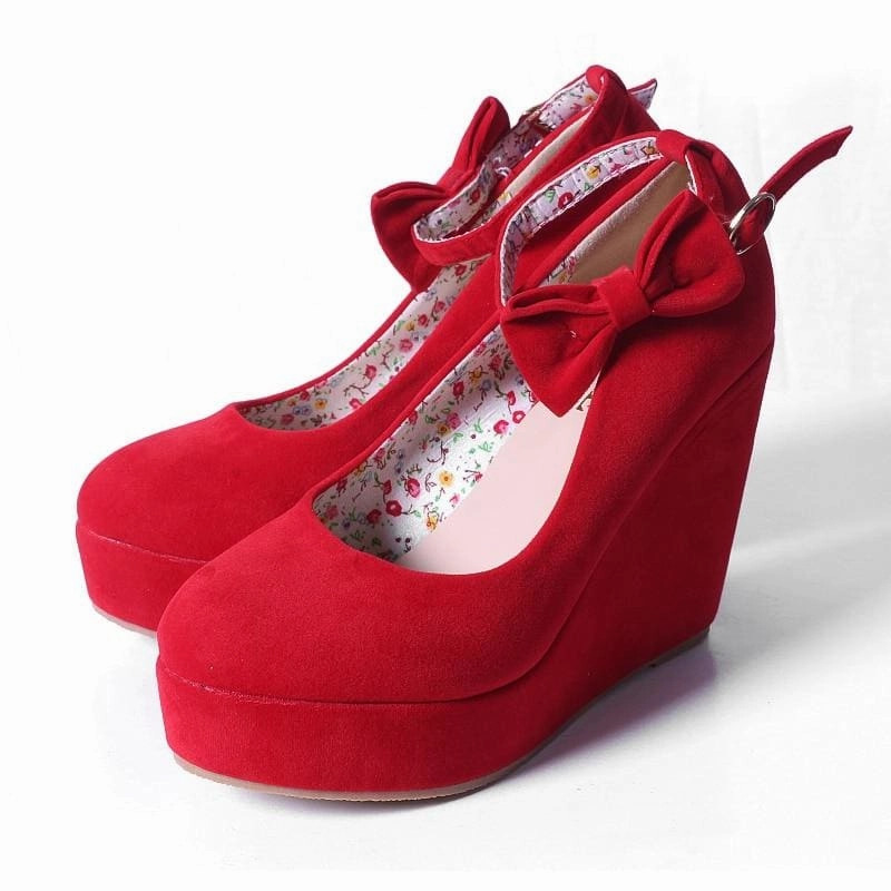 High Heel Shoes With Bows Female Flock Platform Buckle Ankle Strap Bowtie Shoes