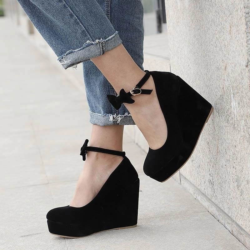High Heels Pain Female Flock Platform Buckle Ankle Strap Bowtie Shoes