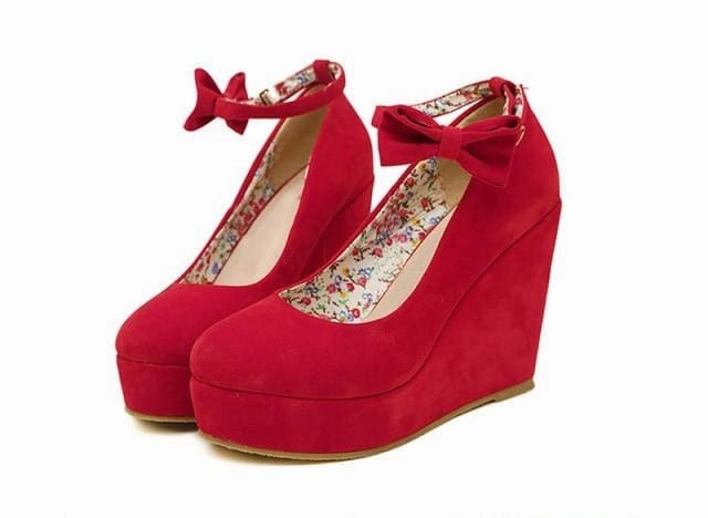 Female Flock Platform Buckle Ankle Strap Bowtie Shoes Heels Wide Width