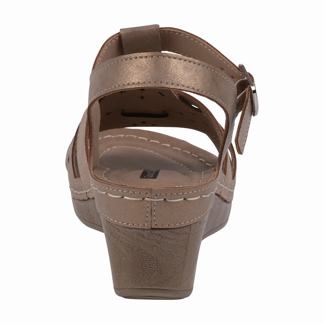 Walker Sandals Darry Gold Perforated T-Strap Slingback Wedge Sandals