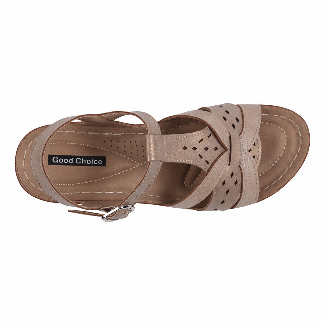 Darry Gold Perforated T-Strap Slingback Wedge Sandals Daisy Sandals