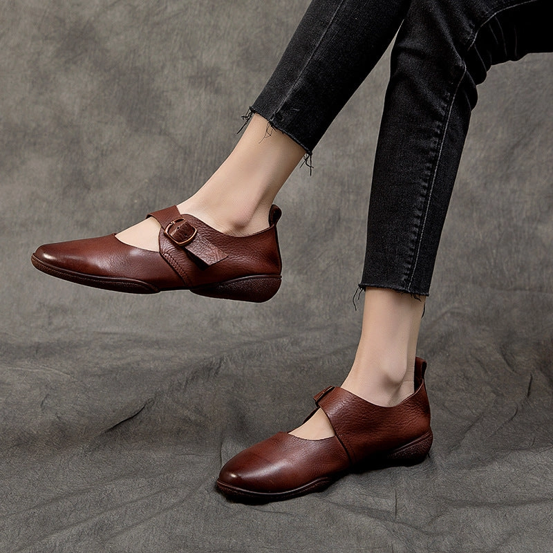 Casual Oxfords Shoes Mary Jane Soft Round Toe Leather Shoes with Buckle Accents