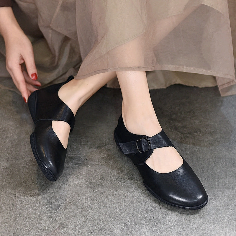 Mary Jane Soft Round Toe Leather Shoes with Buckle Accents Casual Flat Loafers Shoes