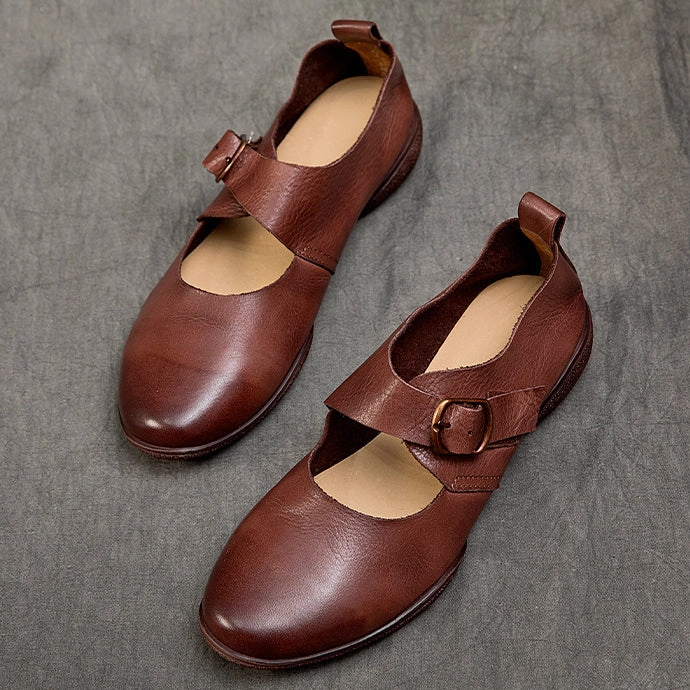 Mary Jane Soft Round Toe Leather Shoes with Buckle Accents Vintage Casual Shoes