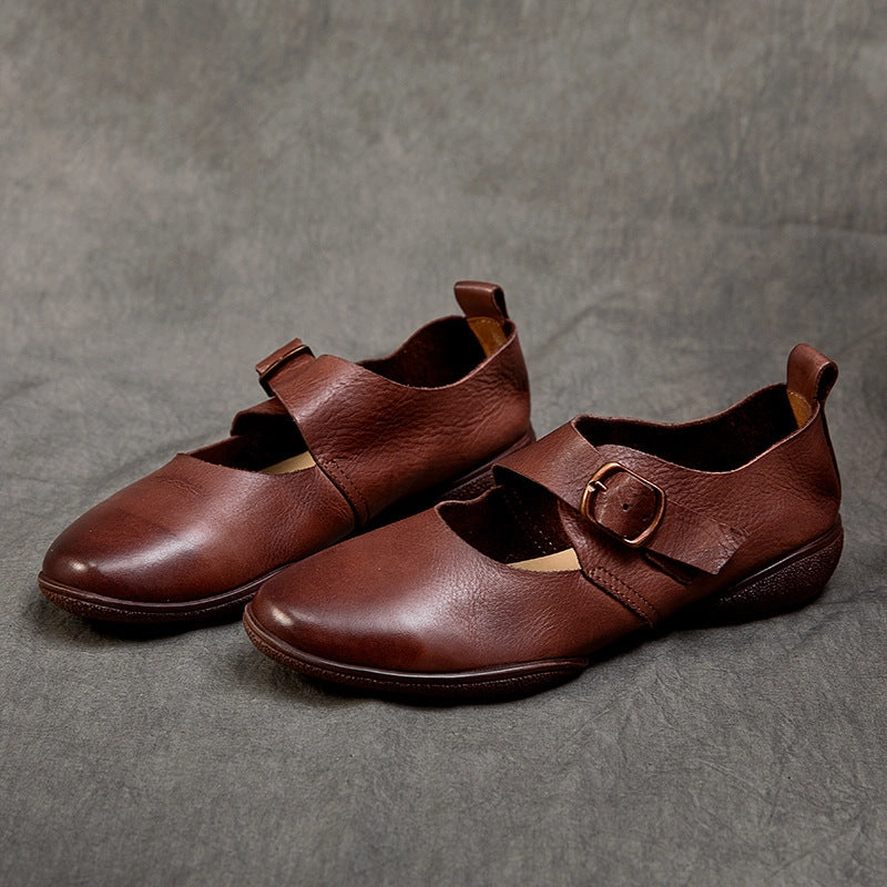 Casual Shoes For Daily Use Mary Jane Soft Round Toe Leather Shoes with Buckle Accents
