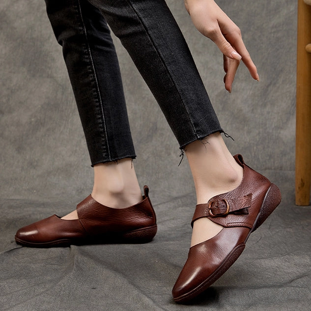 Shoes Casual Brands Mary Jane Soft Round Toe Leather Shoes with Buckle Accents