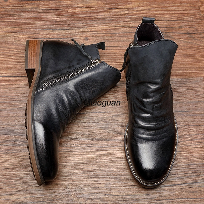 Discount Flats Shoes Men PU Leather Chelsea Boots 2023 Fashion High-top Tassel Zip Shoes Spring Autumn Ankle Boots for Men Comfort Plus