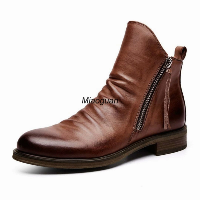 Men PU Leather Chelsea Boots 2023 Fashion High-top Tassel Zip Shoes Spring Autumn Ankle Boots for Men Comfort Plus Best Flat Party Shoes