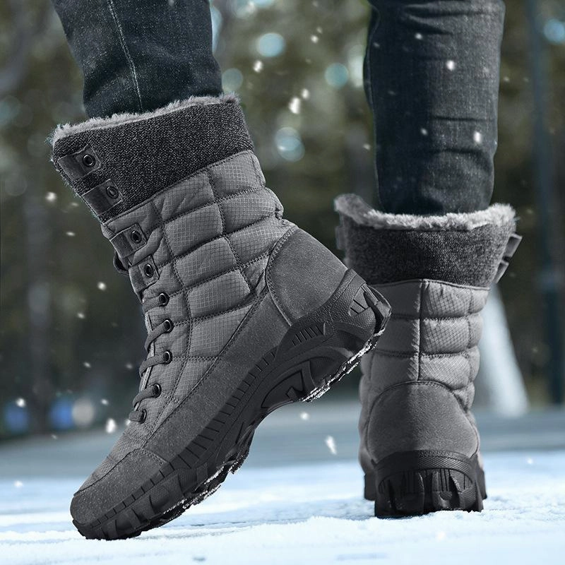 Gold Boots Men's faux fur anti-skid mid calf snow boots | Winter warm outdoors hiking shoes