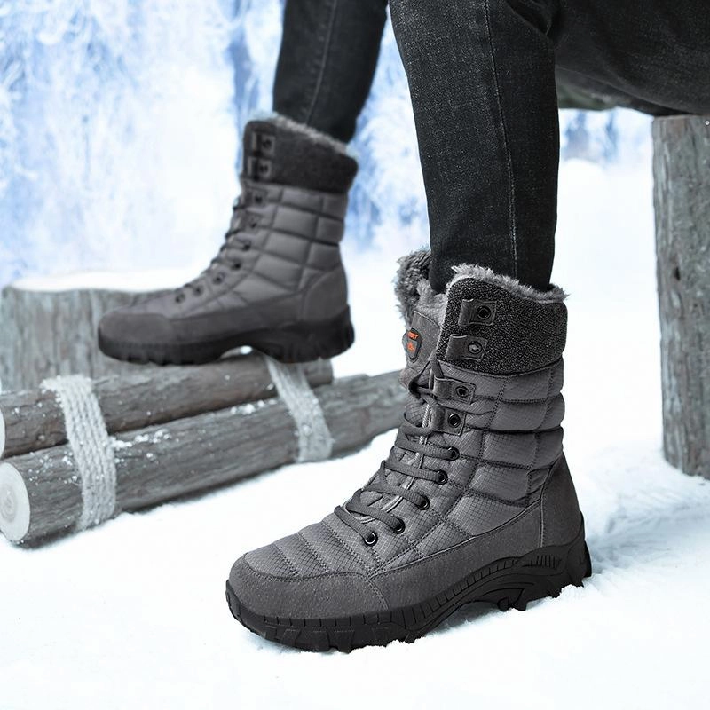 Men's faux fur anti-skid mid calf snow boots | Winter warm outdoors hiking shoes Brown Leather Boots