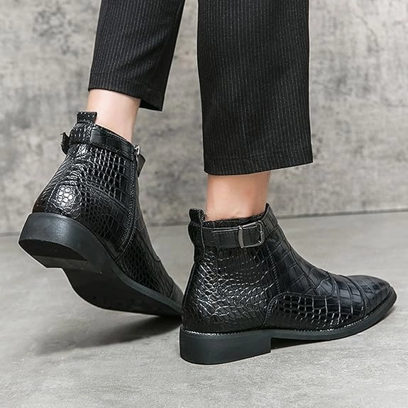 Mens Crocodile Patent Leather Boots  Pointed Toe Buckle Ankle Boot Dive Bomb Boots