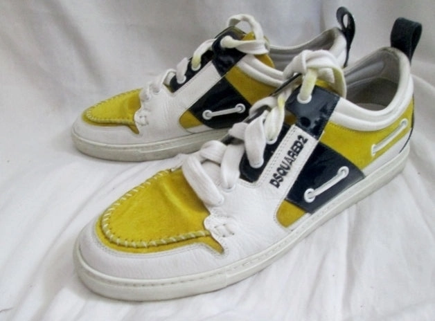 Low Heel Leather Ankle Boots Mens DSQUARED2  ITALY Lowrise Sneaker Trainer WHITE YELLOW 9.5 Leather Eye