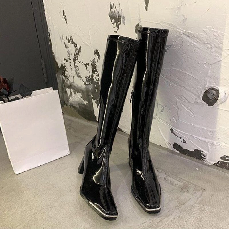 Waterproof Dress Shoes Women's Ladies Boots Long Footwear Winter Knee High Shaft Shoes for Women Very Heel Square Toe Platform Trend 2023 Waterproof Y2k Pu New